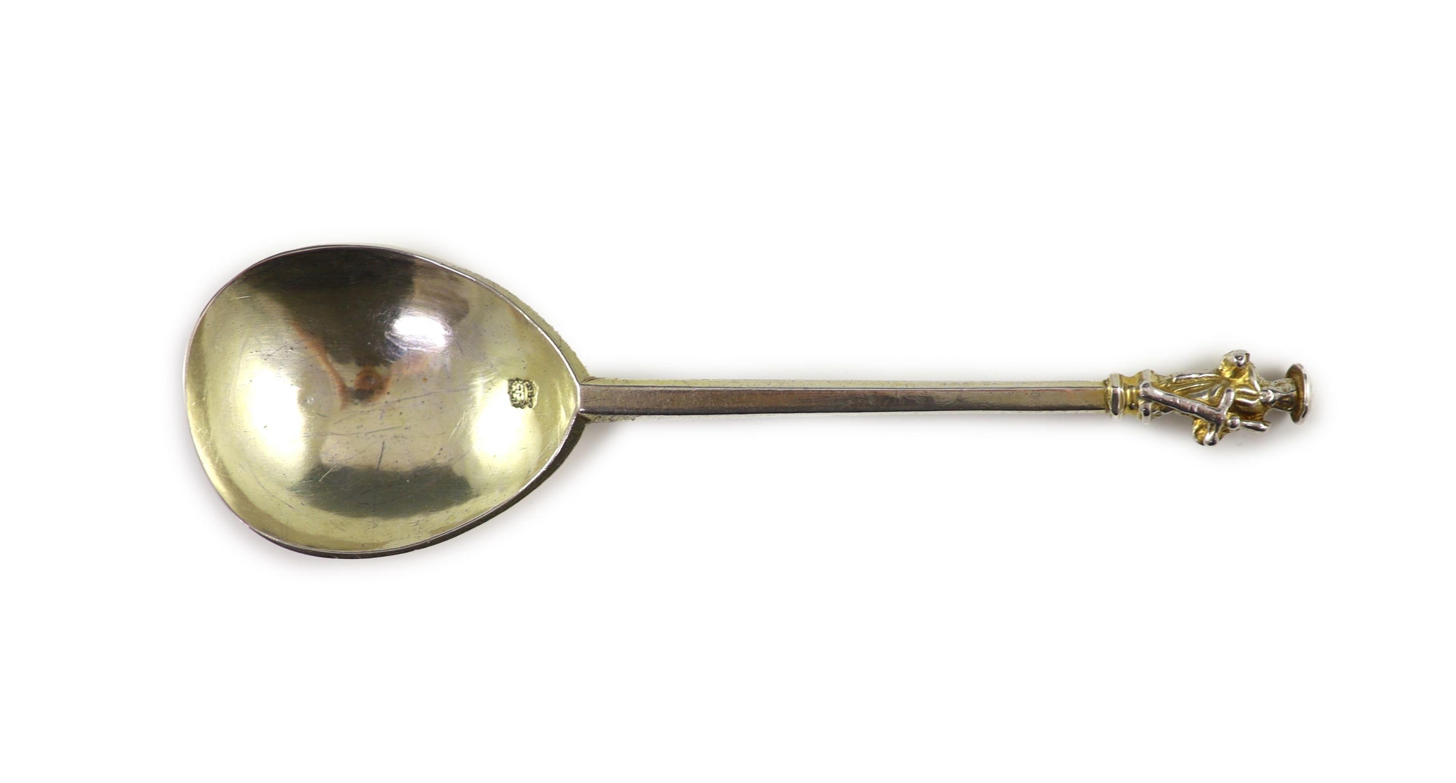 A James I silver apostle spoon, St James The Greater, indistinct maker's mark, possibly Daniel Cary, London 1624, 17.9cm, 65 grams.